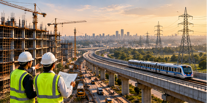 Metro rail, highway and high-voltage transmission infrastructure under construction
