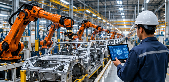 Automated production line with industrial robotics on a manufacturing floor